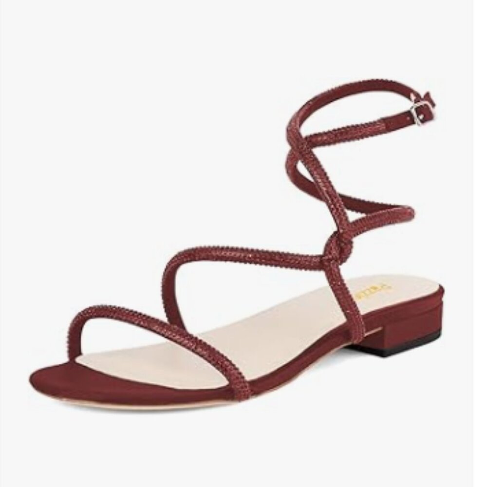 Pazzion Red Open Toe Low Chunky Heeled Sandal Ankle Strappy Studs Buckles Shoes